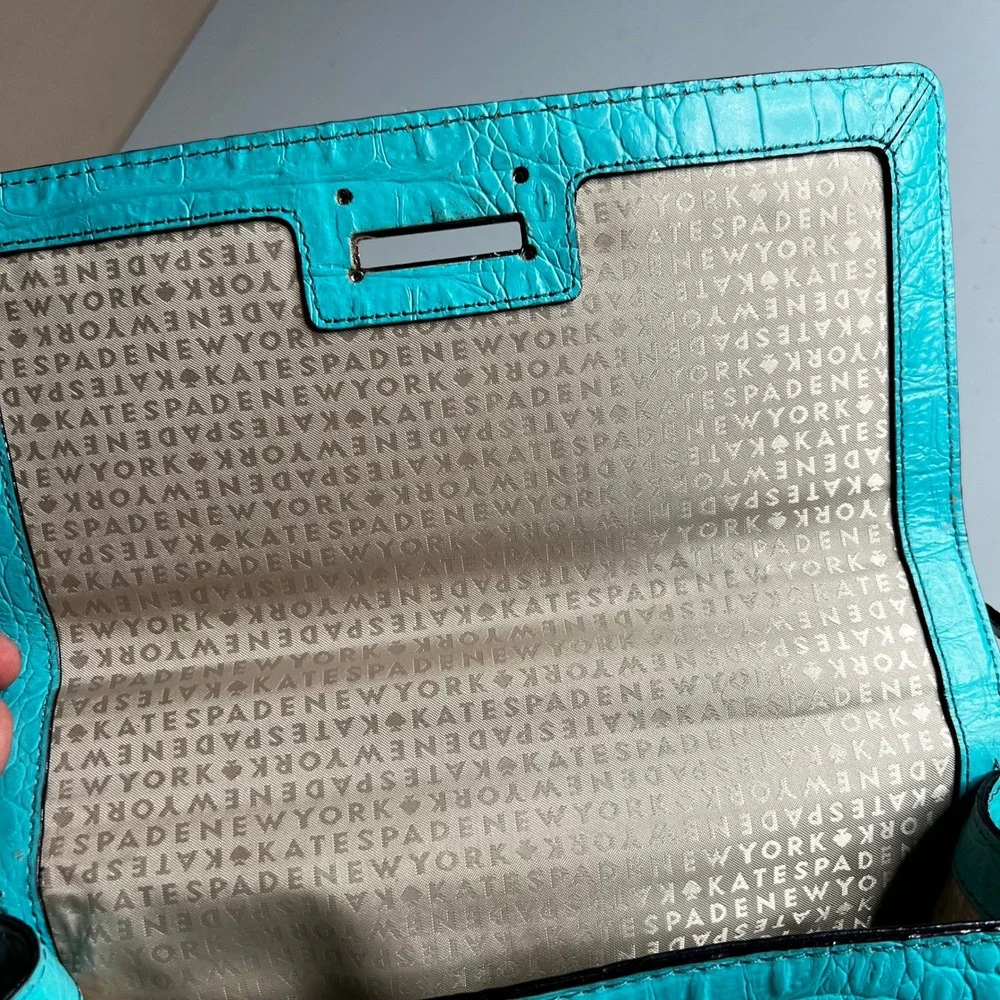 Kate Spade Turquoise Blue Croc Embossed Leather Crossbody Bag Turn Lock Purse